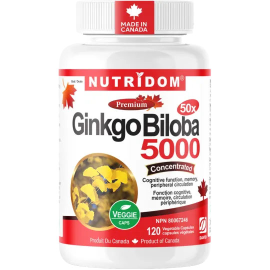 Nutridom Ginkgo Biloba 5000 mg Extraits 50:1 120 capsules végétales | Safest & Easiest Shopping Vitamins Online | VITASHOP