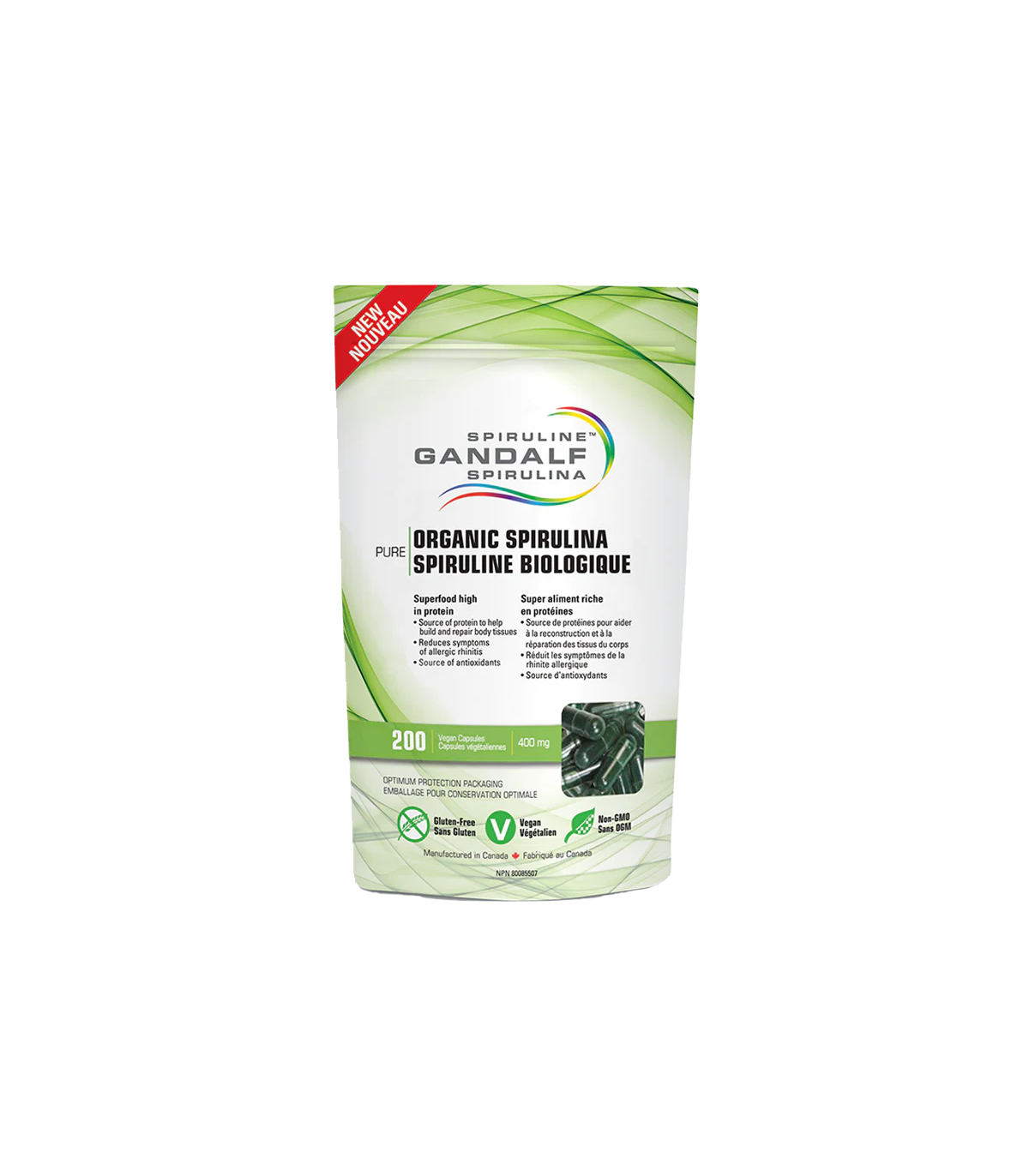 Gandalf Spirulina 간달프 스피루리나 간달프 유기농 스피루리나 400 mg 200 식물성 캡슐 | 매일 업데이트되는 특가 상품 | VITASHOP