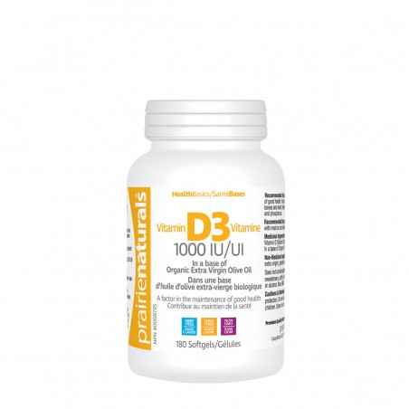 Prairie Naturals Vitamin D3 Cholecalciferol 1,000 IU in Organic Extra-Virgin Olive Oil 180 Softgels | Unbeatable Prices, Daily D