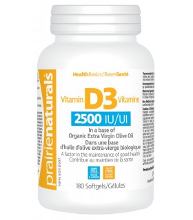 Prairie Naturals Vitamin D3 Cholecalciferol 2,500 IU in Organic Extra-Virgin Olive Oil 180 Softgels | Unbeatable Prices, Daily D