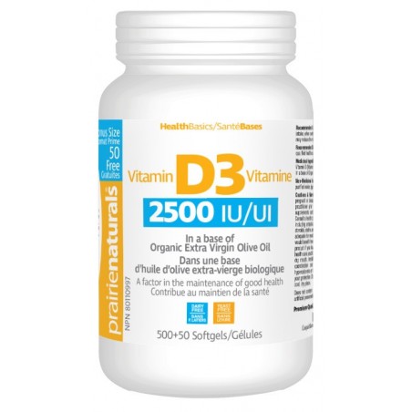 Prairie Naturals Vitamin D3 Cholecalciferol 2,500 IU in Organic Extra-Virgin Olive Oil 500 Softgels + 50 FREE | Unbeatable Price