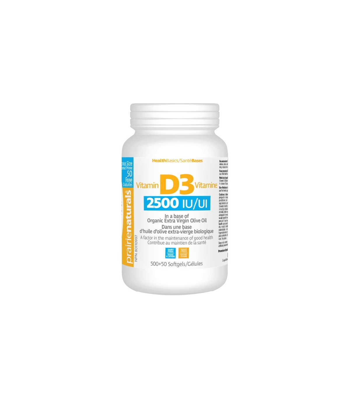 Prairie Naturals Vitamin D3 Cholecalciferol 2,500 IU in Organic Extra-Virgin Olive Oil 500 Softgels + 50 FREE | Unbeatable Price